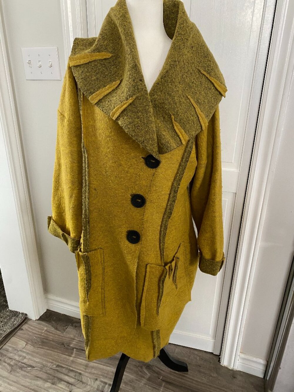 #15 Mid Length Mustard Yellow Felted Wool Coat Sweater - Ann-Marie Coat